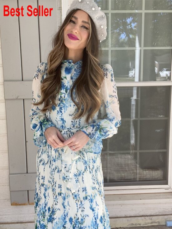 Chiffon Midi Dress with Long Sleeves and Mock Neck for Wedding Guest - Picture 7 of 7